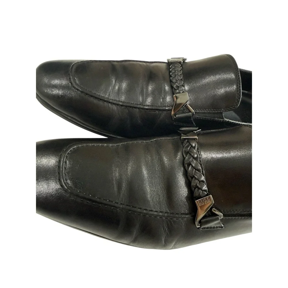 Hugo Boss Loafers Mens Size 9 Black Good Braided Strap Leather Dress Shoes
